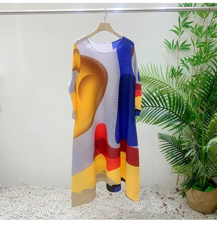 Miyake Pleated Print Dress 2024 New Early Spring Fashion Elegant A-line Swing Dress Elegant Women's Clothing High-quality