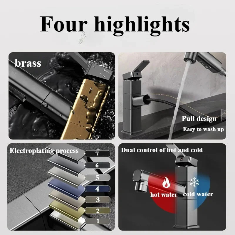 Pull Out Bathroom Faucet Hot and Cold Water Mixer Basin Sink Three Mode Water Outlet Faucet Washbasin Tap