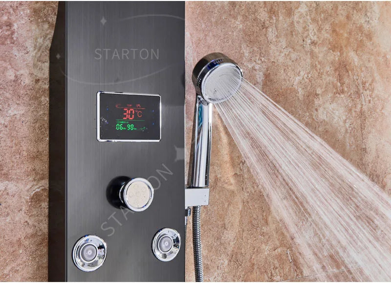 LED Light Bathroom Shower Panel Intelligent LCD Shower Column System with 6 Modes Rain Waterfall Massage Jet Bath Mixer Tap