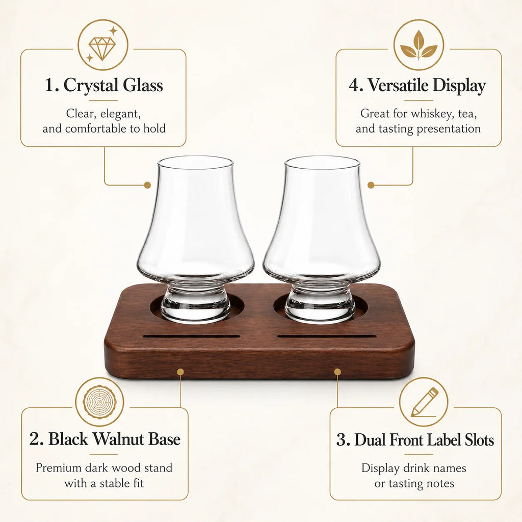 Whiskey Tasting Glasses Set of 2 with Black Walnut Wood Base, 8.5 oz Crystal Glasses with Label Slots