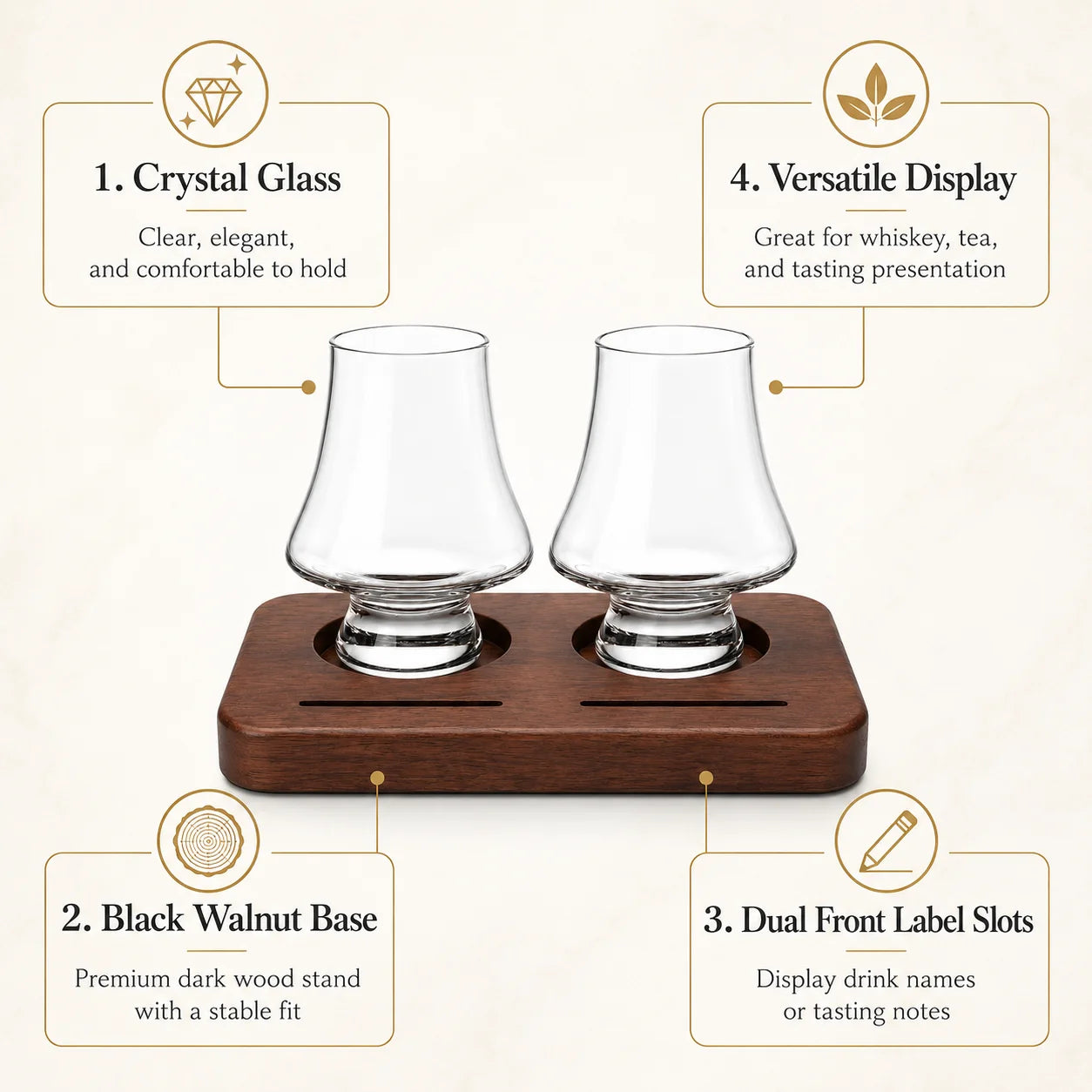Whiskey Tasting Glasses Set of 2 with Black Walnut Wood Base, 8.5 oz Crystal Glasses with Label Slots