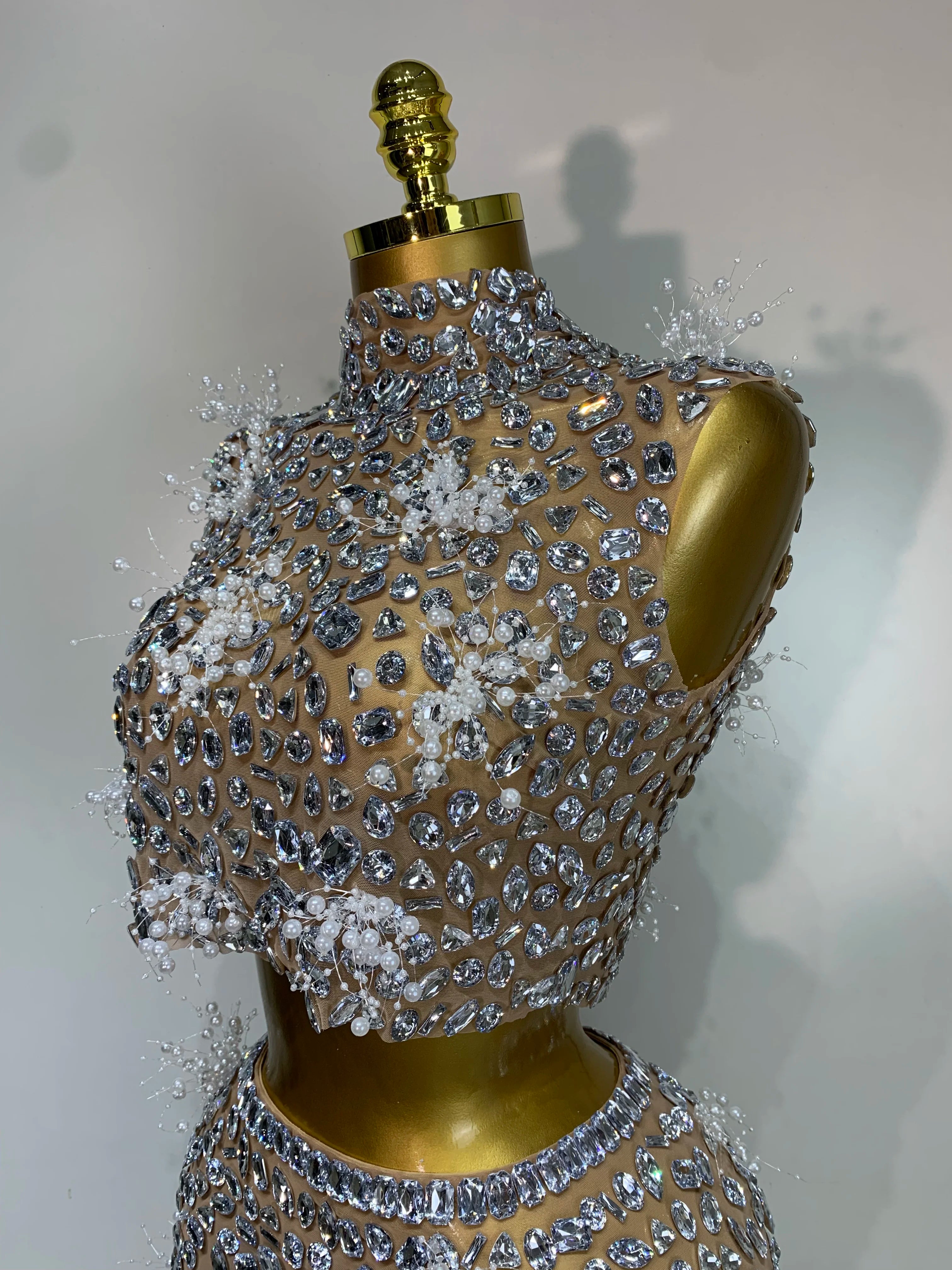 High Quality Sparkling Rhinestone Sexy See Through Blackless Top Skirt Two Pieces Set Woman Luxury Birthday Evening Party Gowns