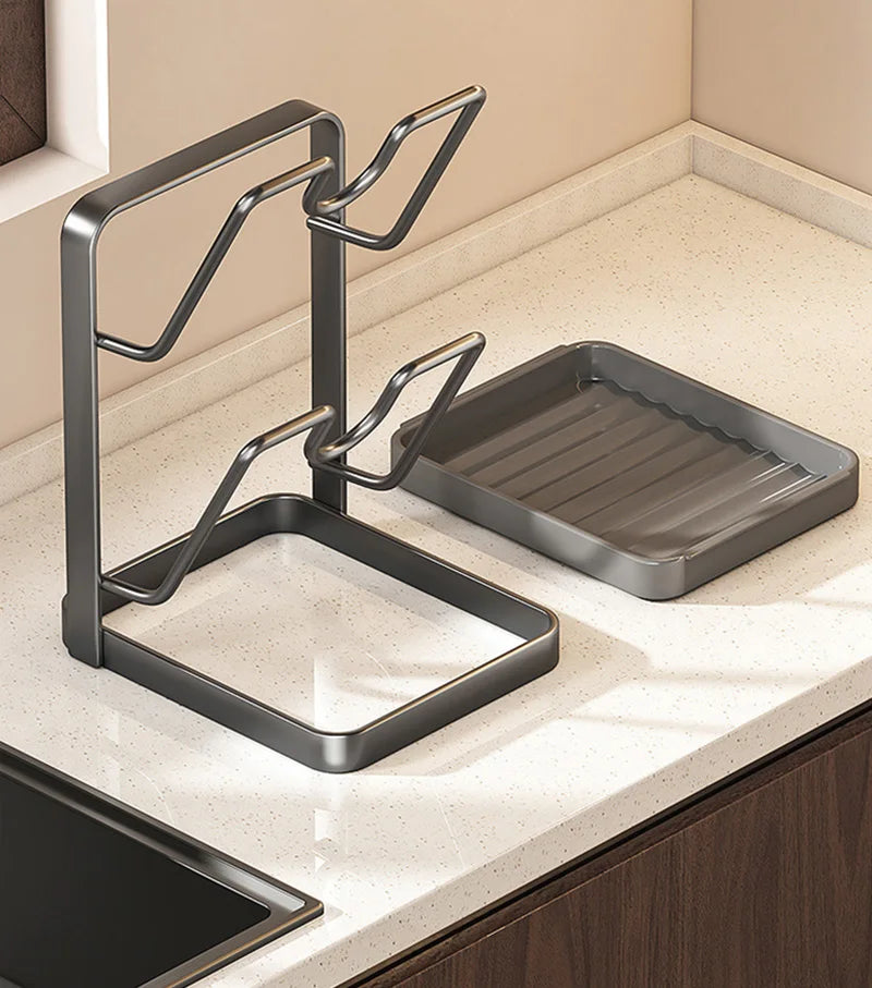 Kitchen Pot Lid Rack No Drill Pot Lid Organizer Kitchen Space Saving Countertop Organizer Rack with Drainage Tray Easy to Clean