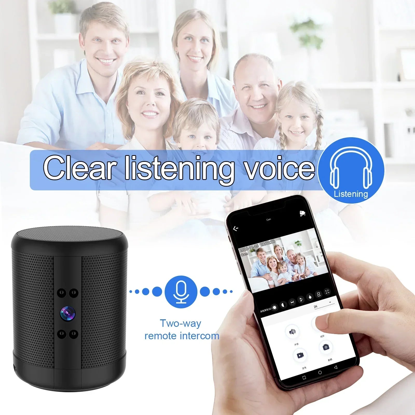 Mini Home Security Surveillance Camera, 4K HD, WiFi, Bluetooth Speaker, Two-Way Remote Intercom, Night Vision Cam,  Battery