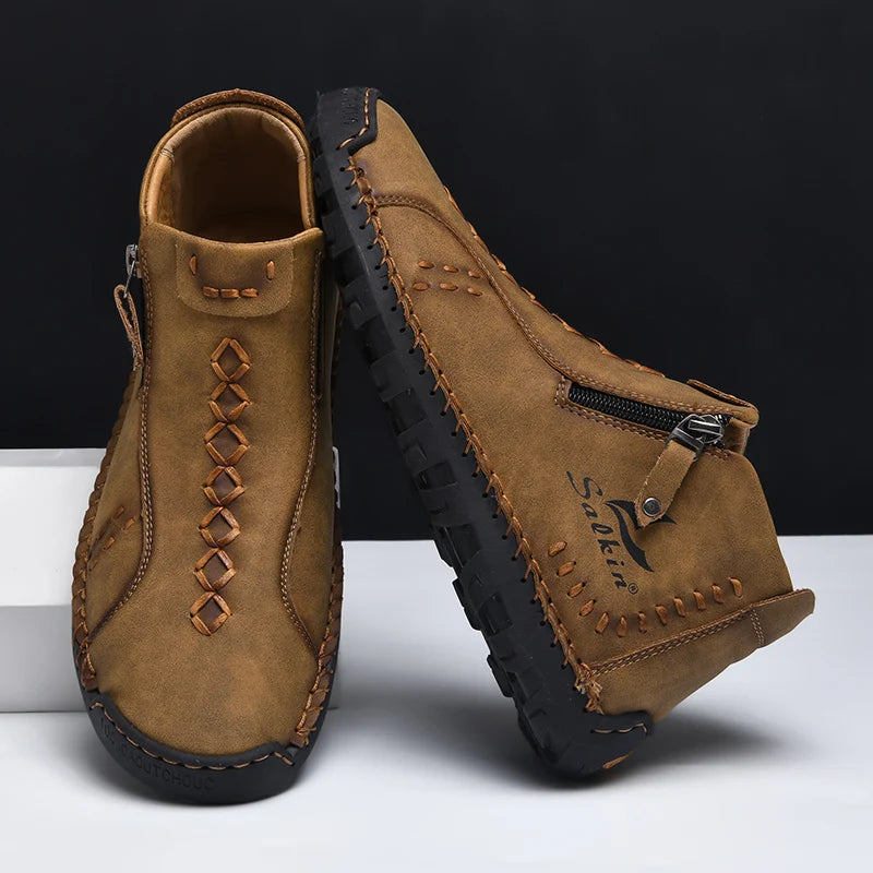 Handmade Leather Casual Shoes For Men Sneakers Men Flat Footwear Zipper Leather Boots Men Ankle Plus Size 39-48