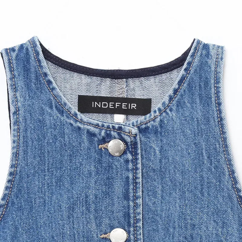 Women Denim Short Dress Round Neck Sleeveless Vest Style Single Breasted Design Solid Color Simple Daily Casual Versatile Dress