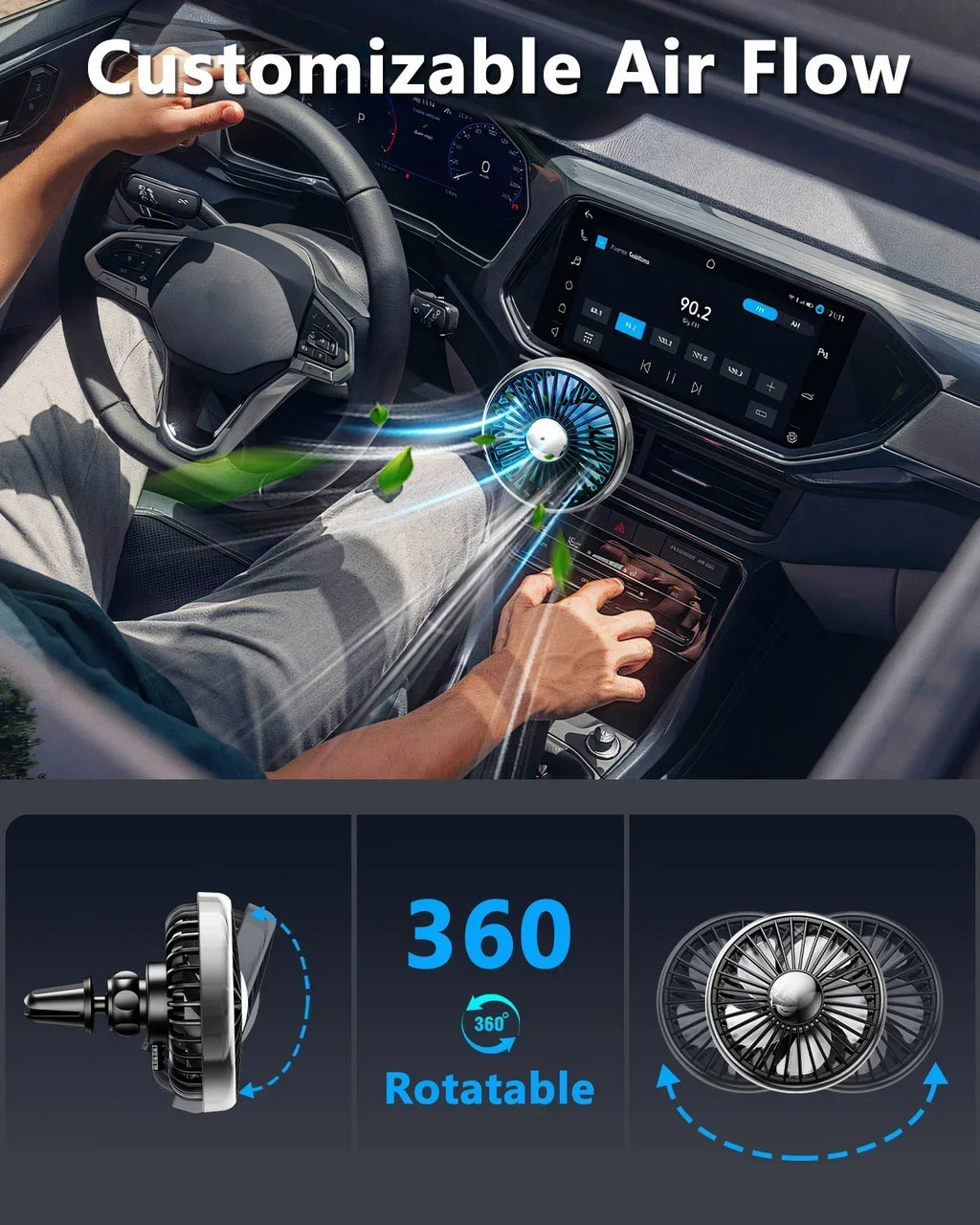 Car Air Vent Fan with Colorful Breathing Light USB Powered 3 Speed Wind Cooling Fan 360° Rotatable Quiet Fan Car AC Fans