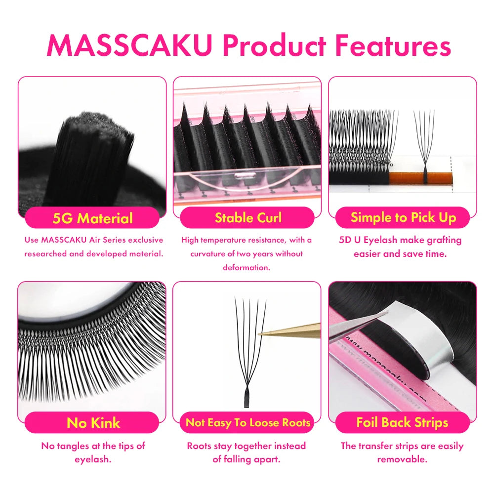 MASSCAKU U-shaped 3D 4D 5D Eyelash Extensions C D Curl U Shaped W Bloom Premade Fans Volume Lashes Natural Mink False Eyelashes