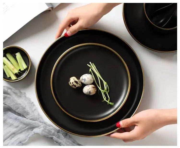 For1/ 4/6/8 Personal Black Porcelain Dinner Plates Set Ceramic Tableware Food Dishes Rice Salad Noodles Bowl Wiht Cutlery Set