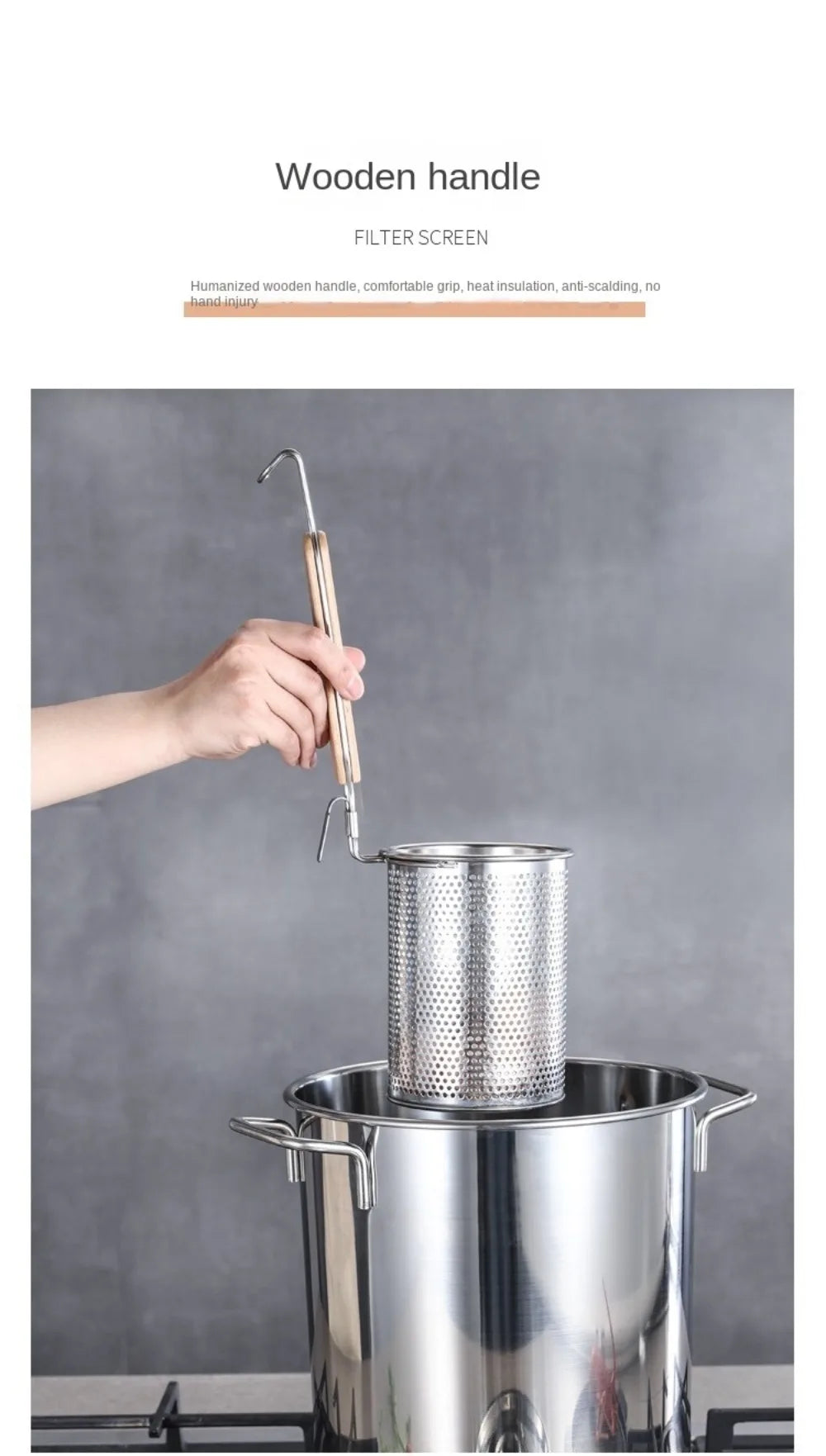 Durable Thickened Stainless Steel Funnel Wooden Handle Multifunctional Pasta Basket Strainer Kitchen Gadgets Deep Fry Basket