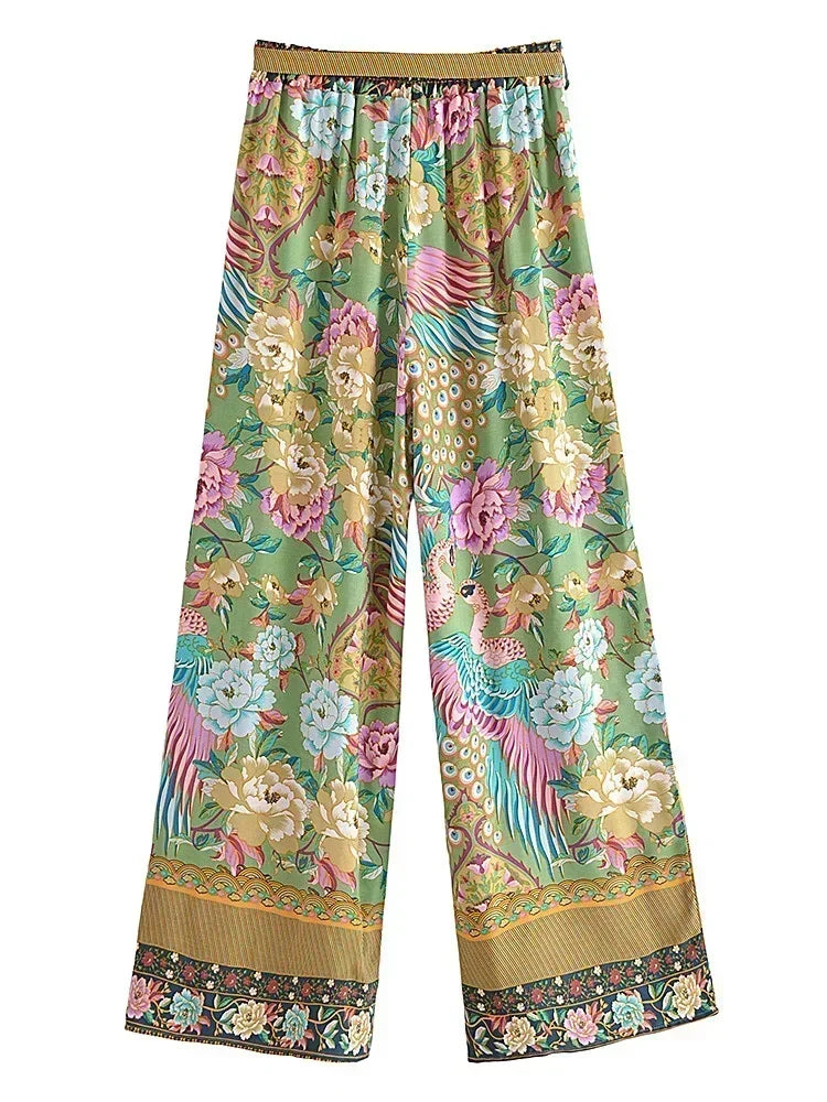 Boho Queens Women Peacock Floral Print Bohemian Wide Leg Pants Lady Elastic Waist Loose Rayon Boho Long Pant  Oversize Trousers