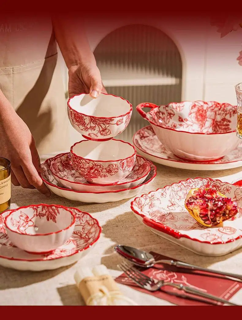 Modern Red Dinner Set Plates Luxury Designer Italian Round Plates Dinner Sets Ceramic Elegant Aparelho De Jantar Kitchen Dishes