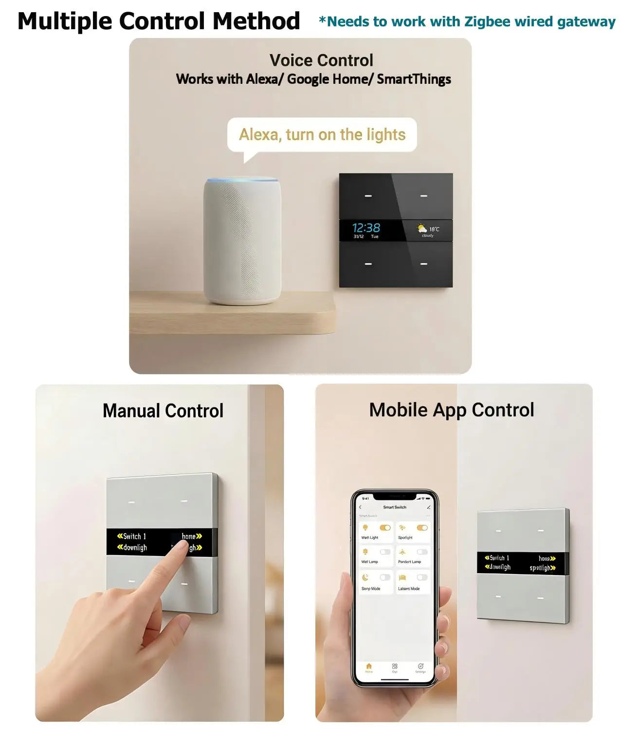 M8 Pro Zigbee Smart Switch Panel 4 Gang Tuya Intelligent Wall Electric Light Switch Voice App Control Works Alexa for Home Hotel