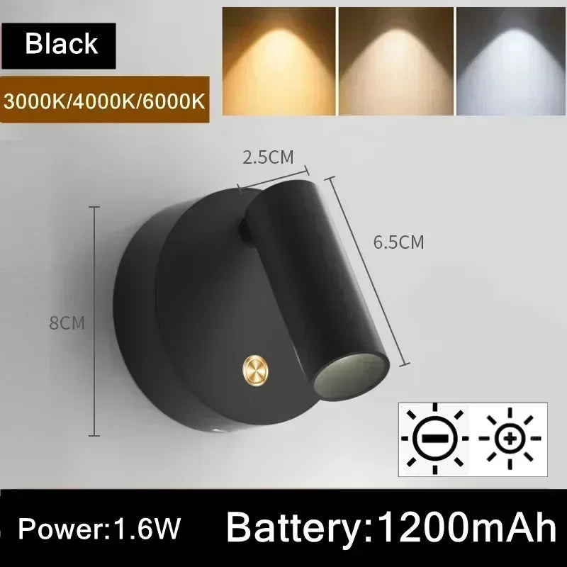 LED Bedroom Wall Light USB Rechargeable Black White Magnet Magnetic Base Dimmable With Touch Switch For Bedside Study Reading