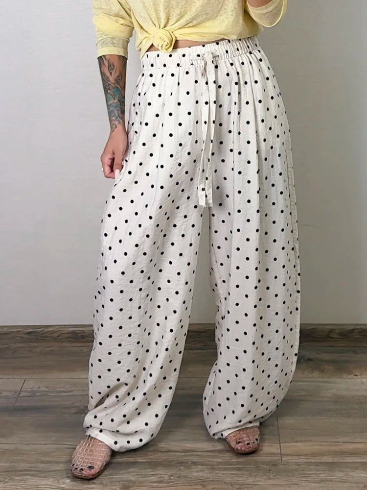 Polka Dot Cotton Linen Pants White Women Wide Leg Summer Spring Baggy Trousers For Woman High  Waist Linen Loose Pants Women