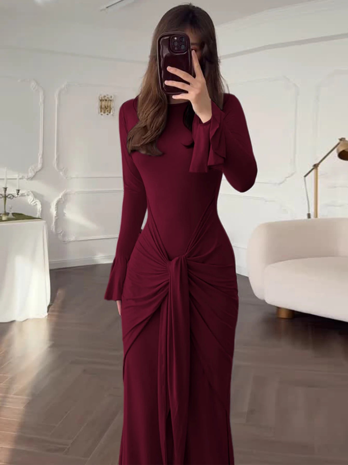 Dulzura O-Neck Long Flare Sleeve Ruched Lace Up Slim Long Dress Women'S Fashion Elegant Clothes Party Club Street Autumn Outfit