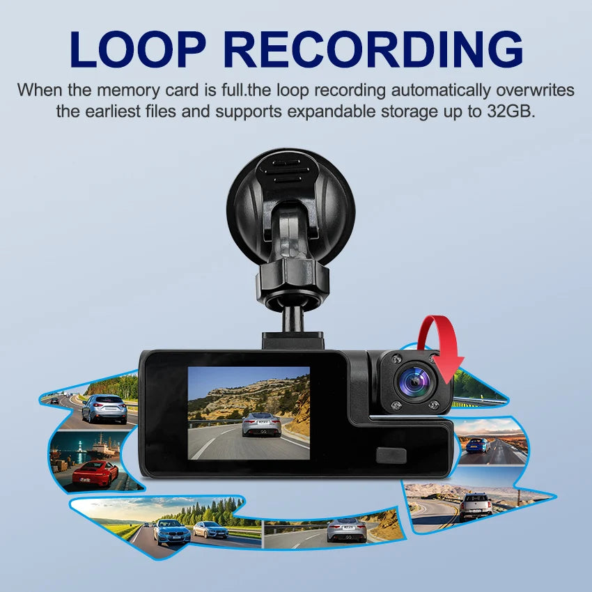 HD 1080P Car DVR Dash Cam with 3 Lens Wide Angle Night Vision G-Sensor Loop Recording for Front Inside and Rear Vehicle Camera