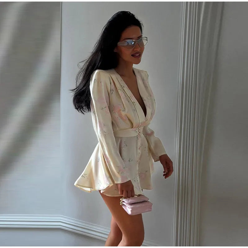 Women's White Floral Print Wide-strap Cami Dress With Waistband Fashion Satin Bodycon Mini Dresses Lady 2026 Elegant Party Robes