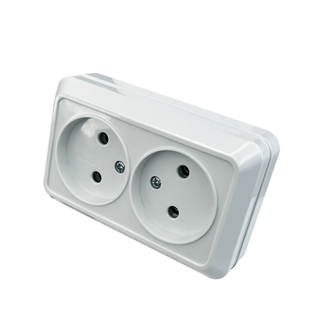 White Wall Mount Socket EU Standard Electrical Outlett Ground Vintage Surface Power Socket Plugs Flame Retardant Plastic