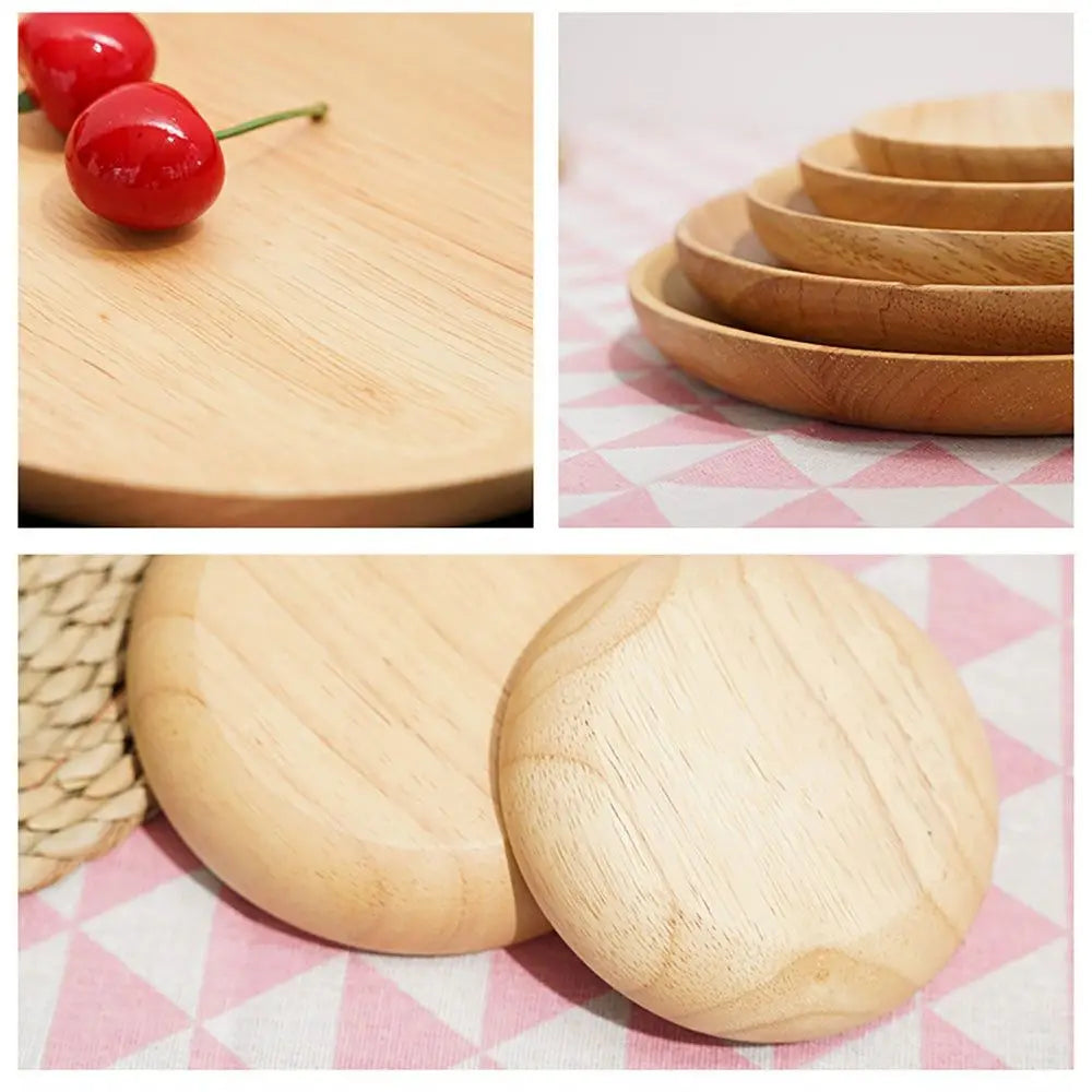 Rubber Wood Eco-Friendly Hand-made Round Kitchen Supplies Unbreakable Snack Plate Wood Plate Tea Tray Dessert Plate