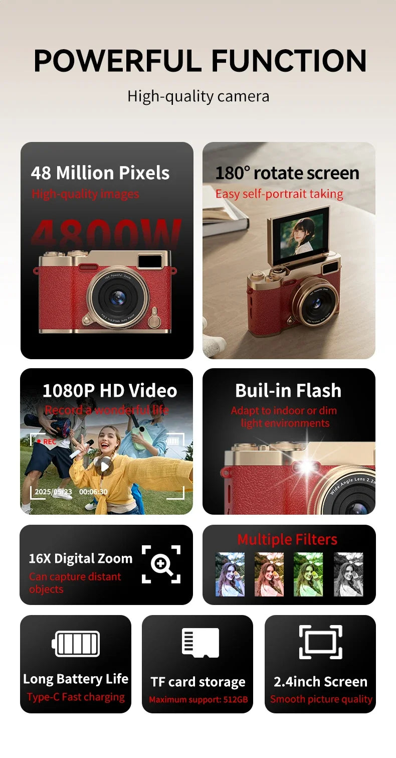 4K Flip Screen CCD Digital Camera 16X Zoom 1080P HD Vlogging Camera Travel Portable Digital Camera with Autofocus Beauty Filter
