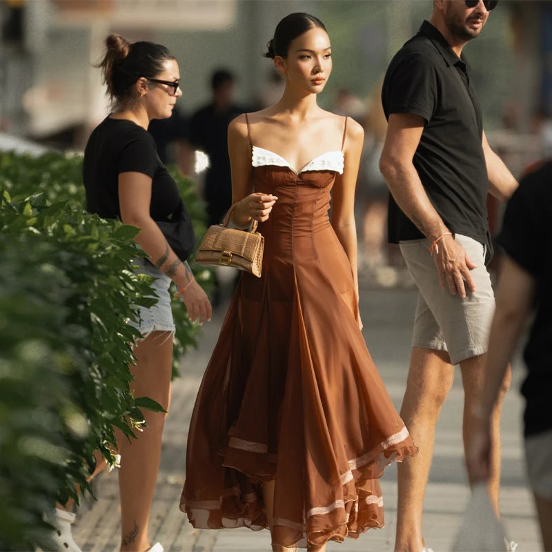 Elegant Pleated Women's Dress Sleeveless Backless Patchwork Waist-Closed Ruffle Hem Sling Maxi Dresses 2026 Summer Female Robe