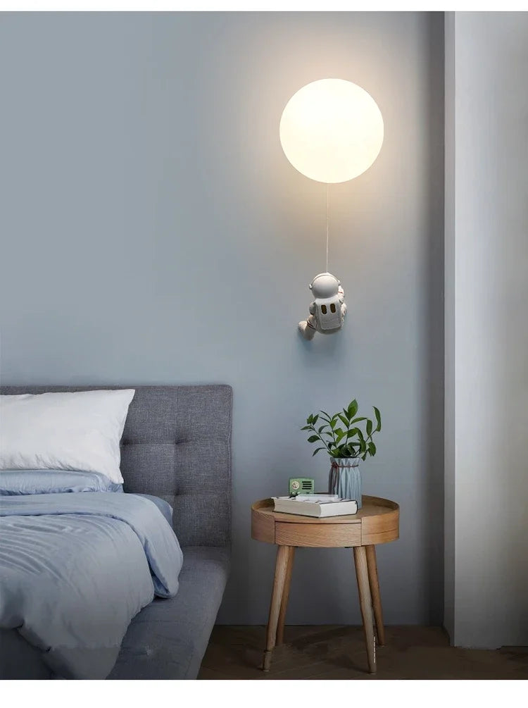 Modern Astronaut Wall Lamp Natural Alabaster Planet LED Sconce Kids Bedroom Astronaut Nursery Decor