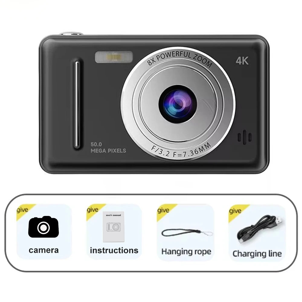 4k Digital Camera IPS HD 50MP CCD Camera 2.4" Autofocus Vlogging Student Camcorder 8X Dual Cam and LED Flash Video Photo Filming