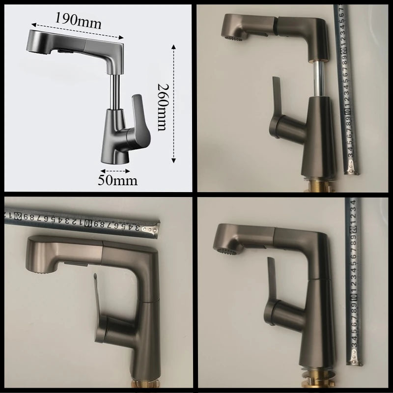 Basin Faucet Bathroom Pull Out Lift Mixer Tap Hot & Cold Water 360° Lift Up and Down Bathroom Sink Faucet