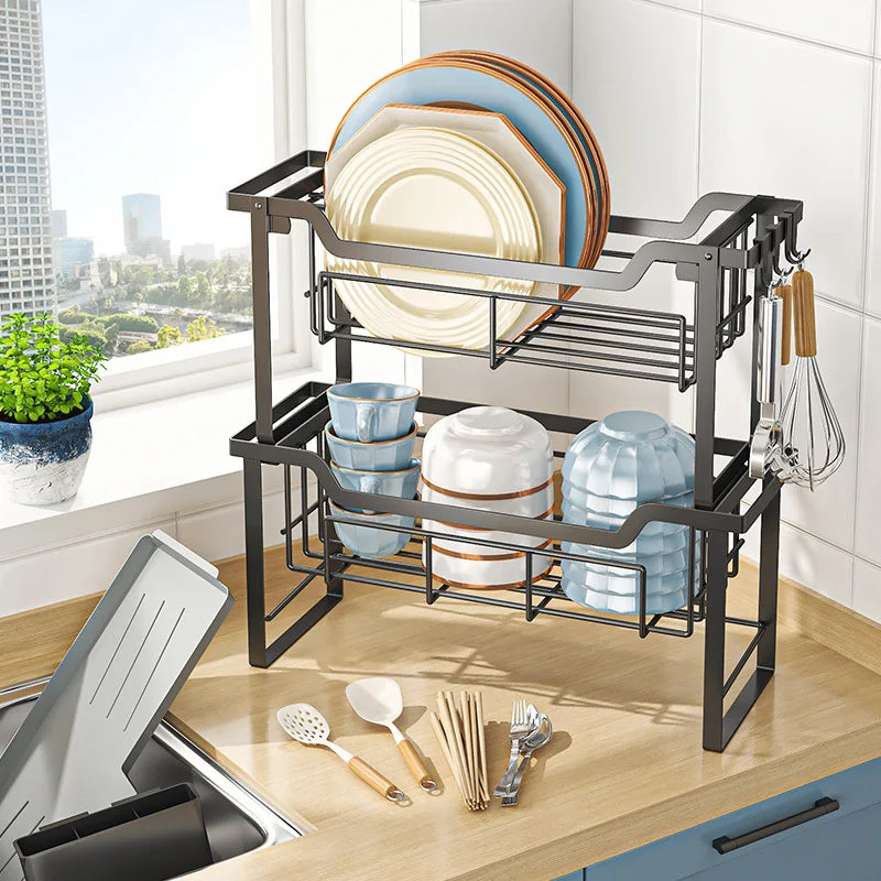 Kitchen Rack Double Layer Dish Sink Storage Rack Drain Rack Multifunctional Household Bowls, Plates, Chopsticks and Cup Rack