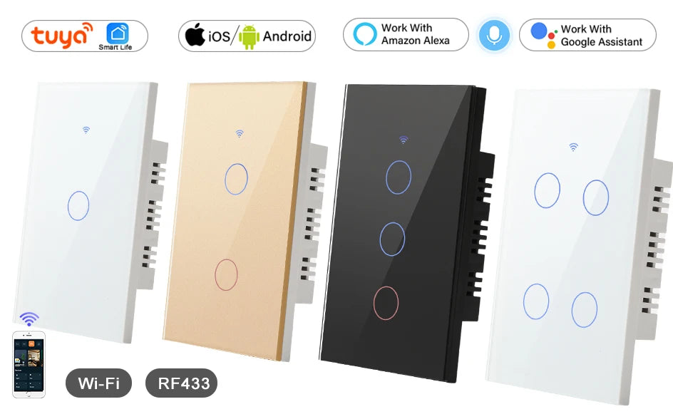 2 Way Smart RF433 Remote Control Wall Light Touch Switch Light Glass WiFi Tuya Smart Life US USA White Black Gold Alexa ON OFF