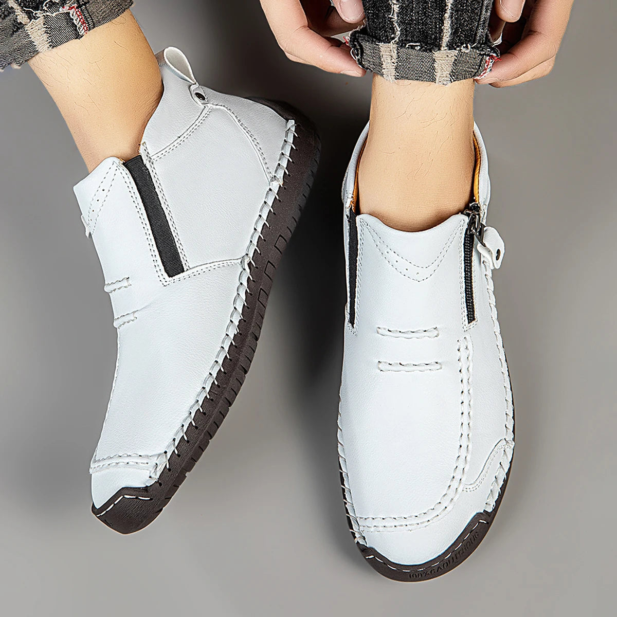 Handmade Leather Casual Shoes for Men Sneakers Men Flat Footwear Zipper Leather Boots Men Ankle Outdoor Walking Plus Size 39-48