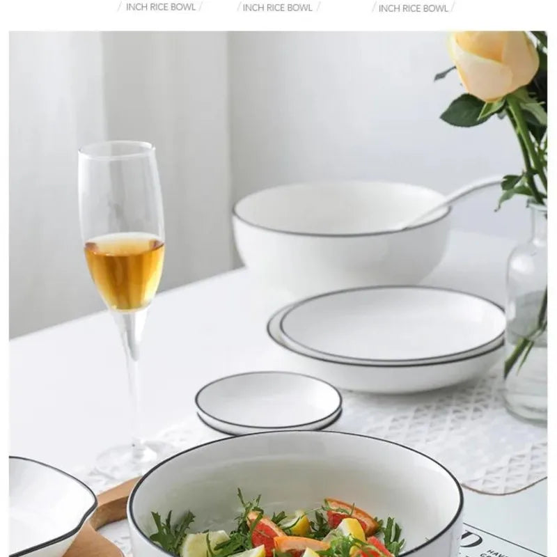 White With Black Dinner Plate Set Ceramic Serving Tray Food Dishes Rice Salad Noodles Bowl Soup Kitchen Dinnerware