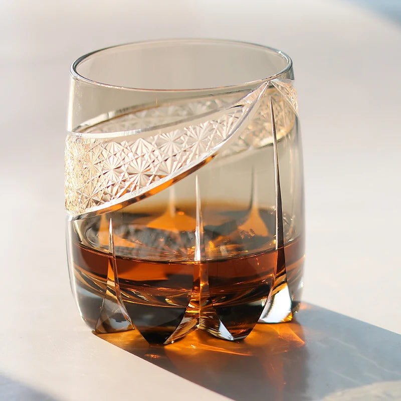Edo Kiriko Fashioned Whiskey Glasses 360ml Amber Grey with Gift Box New Design New Arrival