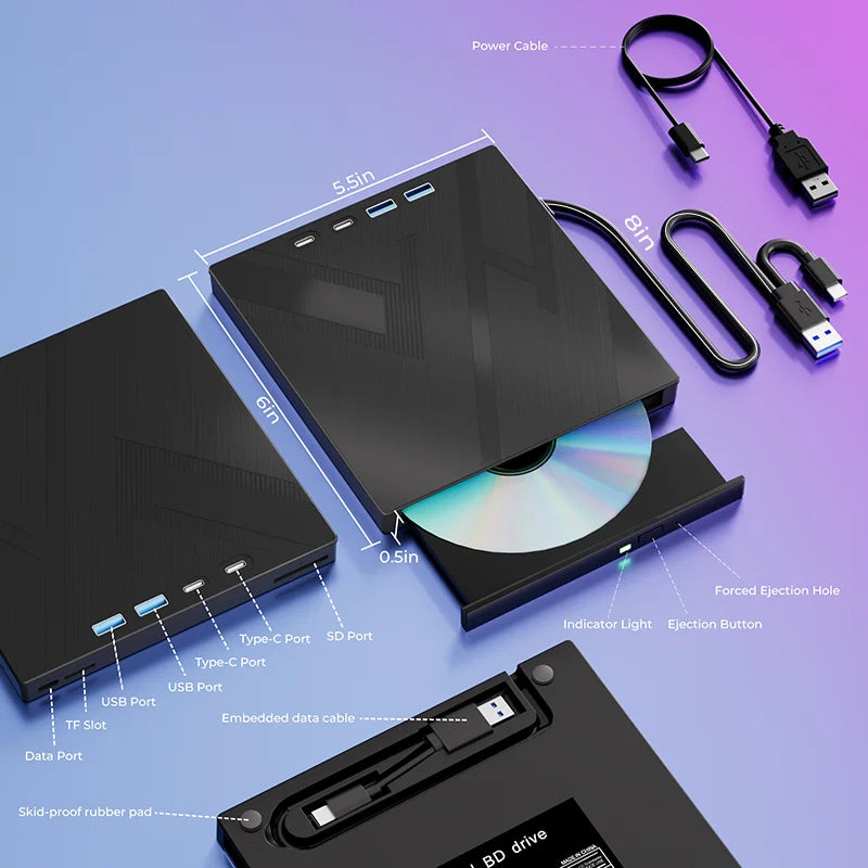 7-in-1 Portable CD/DVD Drive External Optical Drive for Laptop PC CD/DVD RW Player Burner with USB3.0 Type-C SD TF Card Slots