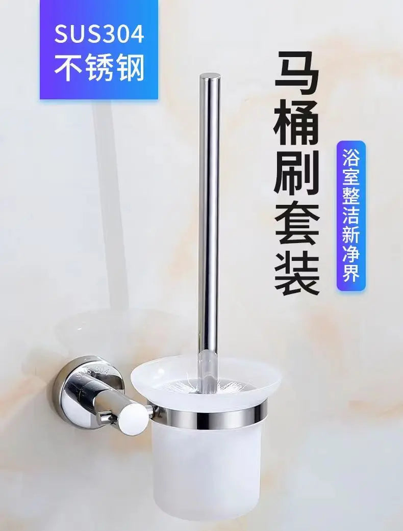 glass toilet brush holder wall mounted,  304 stainless steel bathroom cleaning brush black silver color
