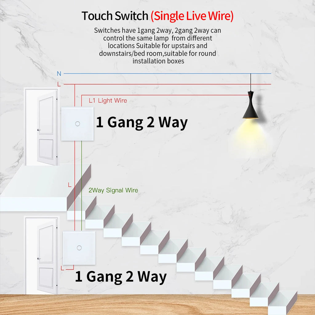 1gang 2way 3way Touch Switch Wall Light Switches No Neutral Wire With Tempered Glass 240V No Wifi No RF433