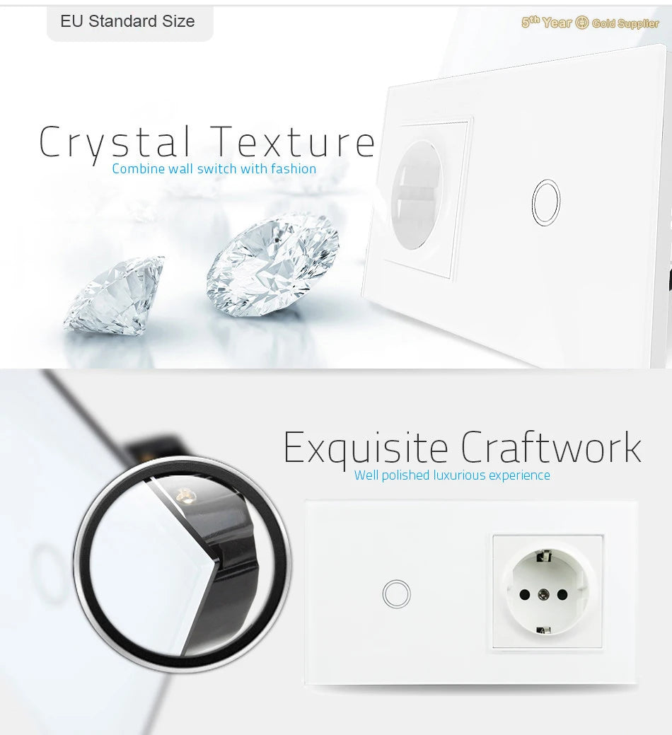 Touch Light Switch With EU Power Wall Sockets White Black 300W Led 1 Gang 1 Way Crystal Glass Panel Interruptor 157mm*86mm