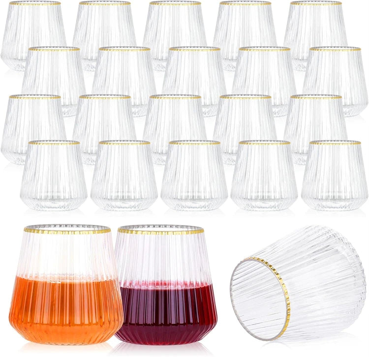 24 Pack Plastic Ribbed Wine Glasses 14Oz Origami Disposable Wine Glasses Unbreakable Clear Plastic Cocktail Glasses  Wine Cups