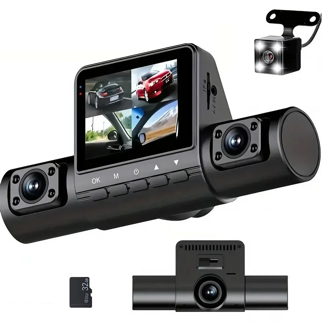 3Camera Car Recorder 1080P HD with Night Vision Parking Monitoring IPS Screen Front Rear Inside Dash Cam Support Laptop Computer