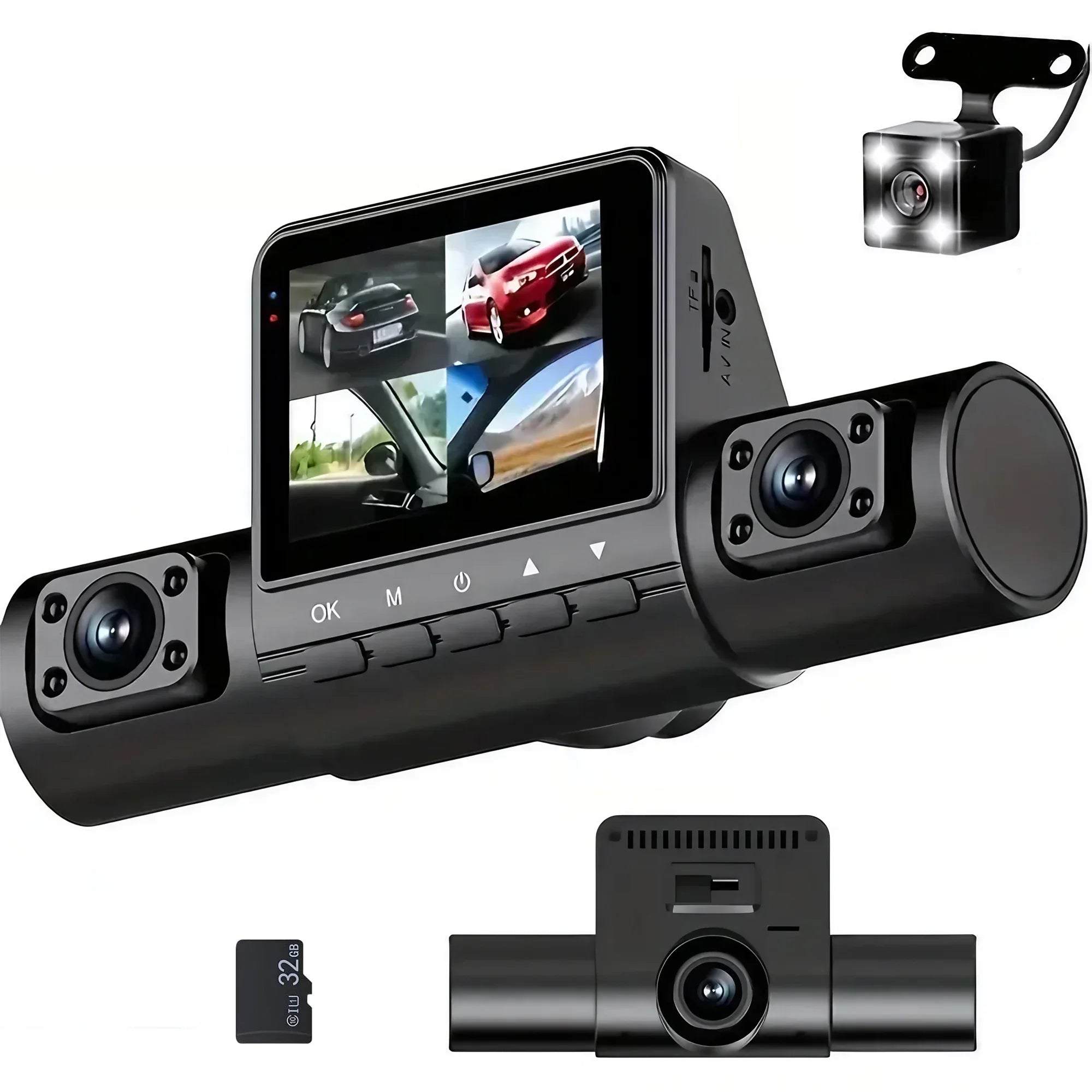 3Camera Car Recorder 1080P HD with Night Vision Parking Monitoring IPS Screen Front Rear Inside Dash Cam Support Laptop Computer