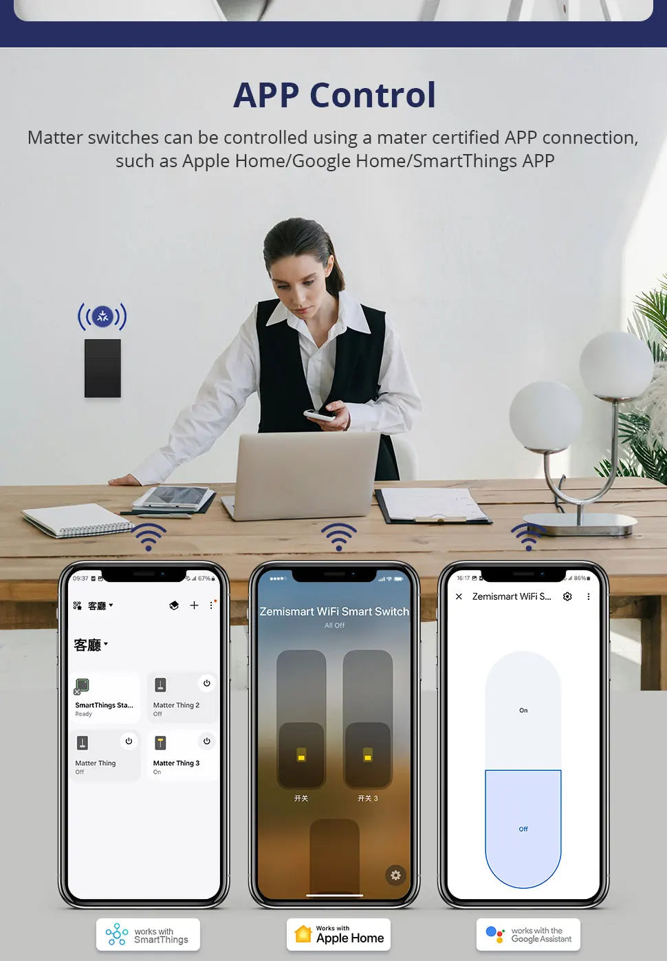 Matter Over WiFi US Smart Wall Light Switch 1 2 3 4 6 Gangs with Black Button Neutral Required Homekit SmartThings App Control