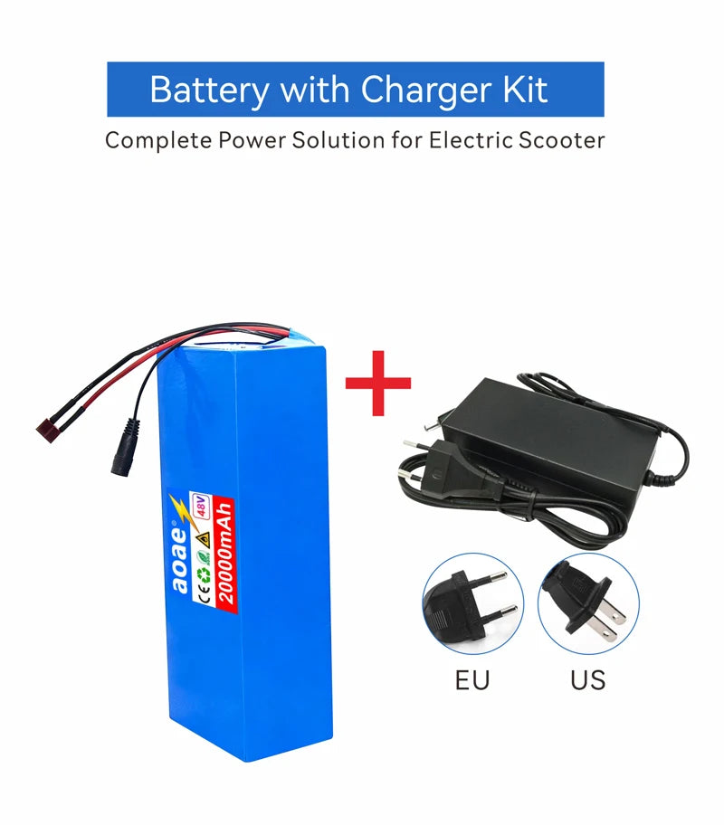 48V Electric Scooter Battery 13S5P 20Ah 18650 Grade-A Cells 2000W Built-in BMS XT60 JST High Capacity Long Range Safe & Durable