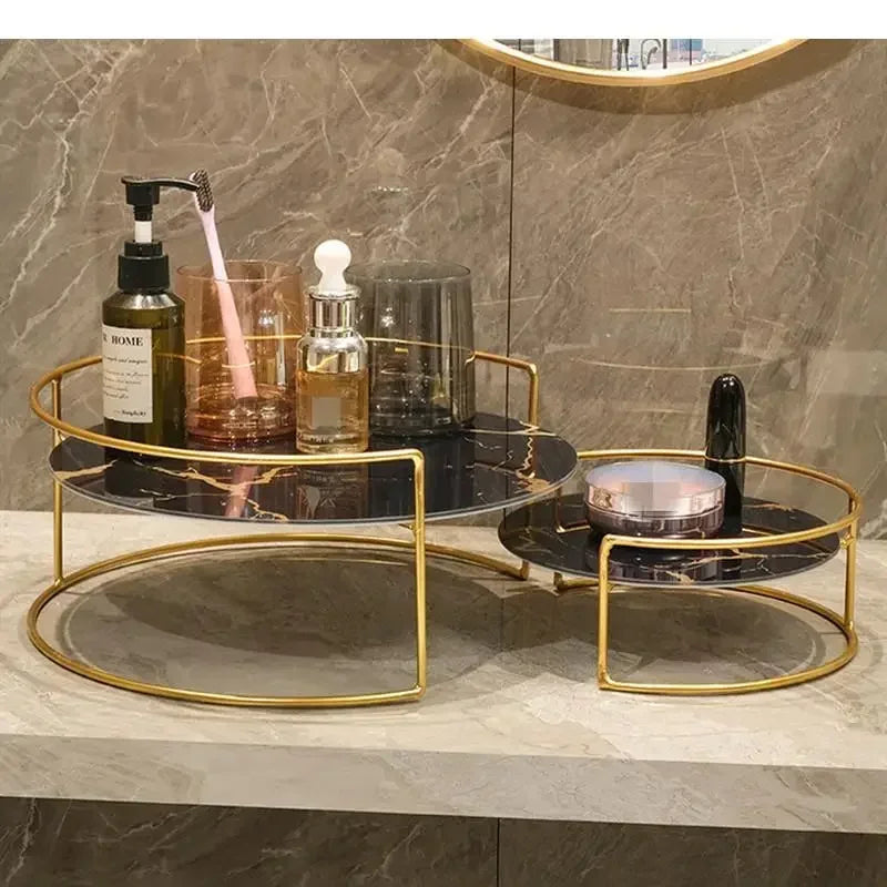 Metal Marbled Glass Tray 2-piece Set Decorative Storage Rack Desktop Organizer Cosmetic Shelf Display Stand Bathroom Shelves