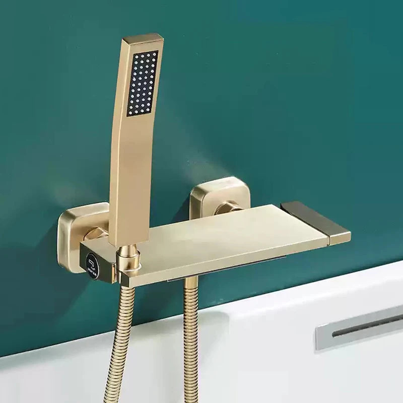 Brushed Gold Waterfall Bathtub Shower Faucet Set Bathroom Bathtub Mixer Taps Hot and Cold Shower Faucet Wall Mounted Bathtub Tap