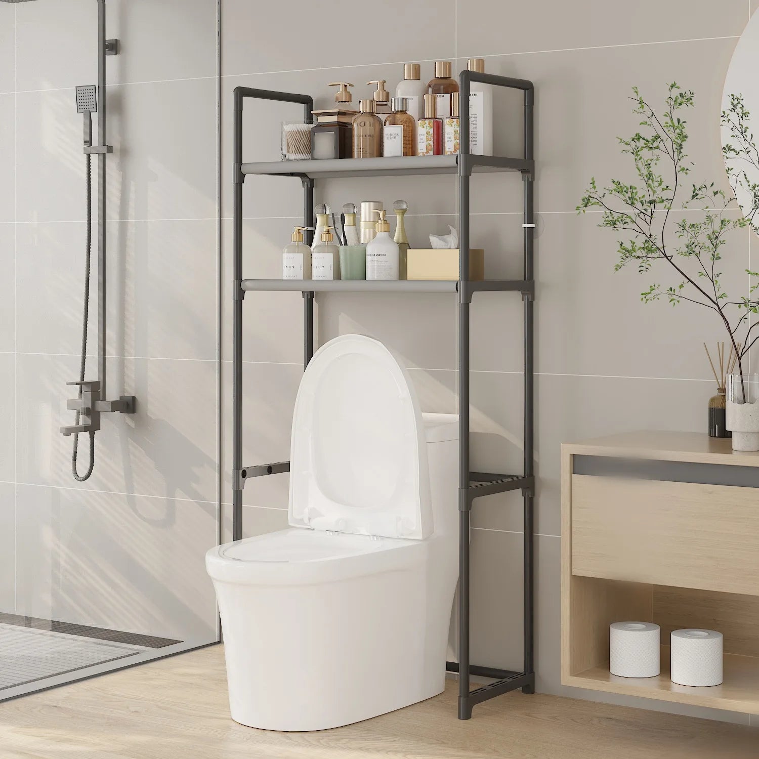Bathroom Shelf,Washing Machine And Toilet Shelf,Laundry Storage Organizer,Space Saving,Metal Tube Bracket,Fabric Compartment
