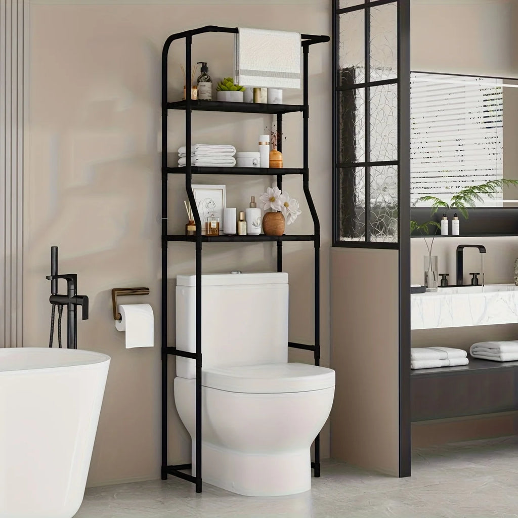 Multi-Layer Metal Storage Rack for Bathroom & Balcony, Washing Machine Shelf with Toilet Paper Holder, Space-Saving Organizer