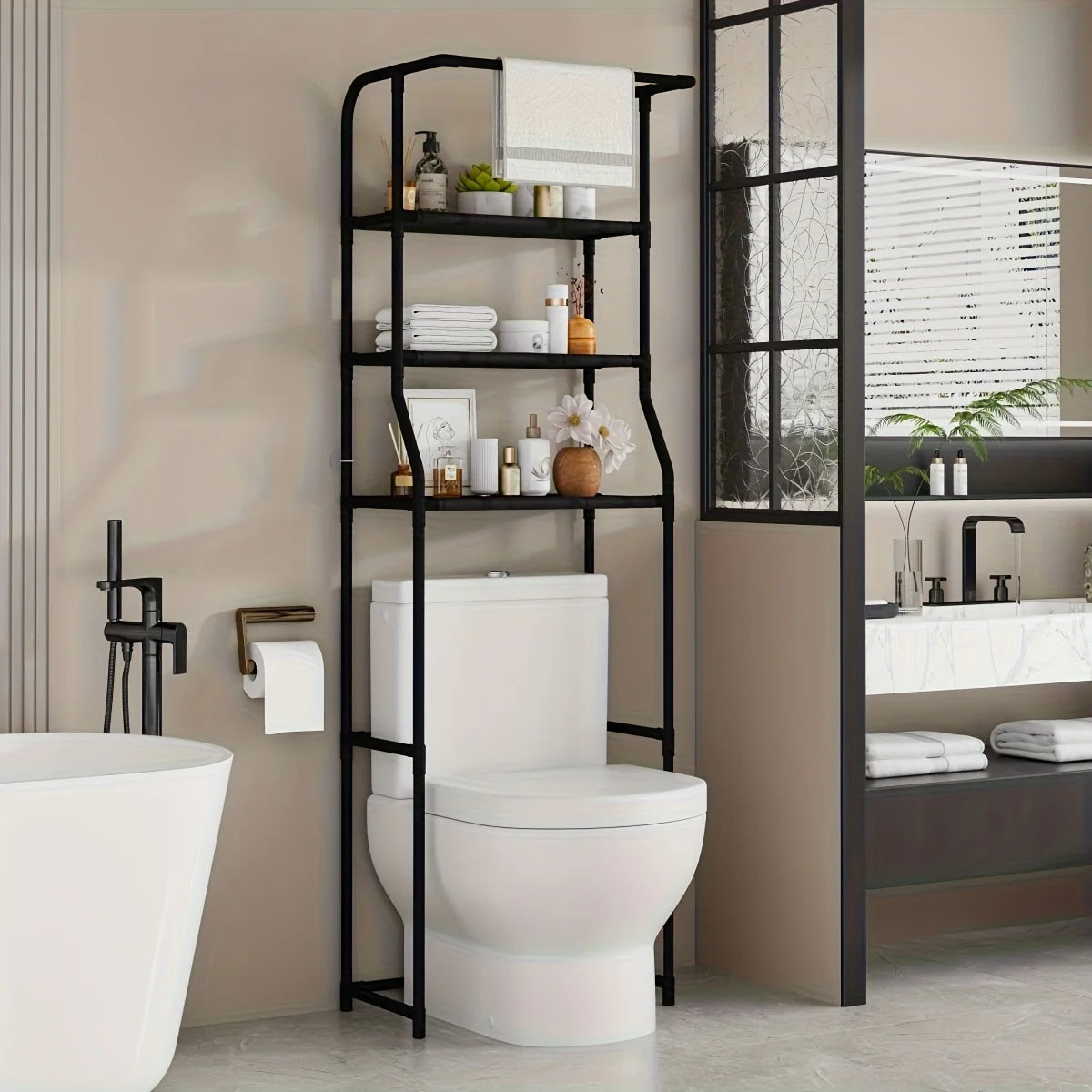 Multi-Layer Metal Storage Rack for Bathroom & Balcony, Washing Machine Shelf with Toilet Paper Holder, Space-Saving Organizer