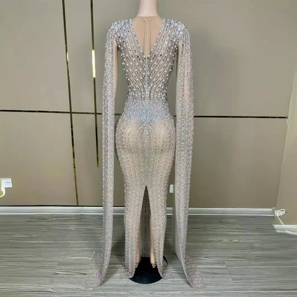 Luxury Sparkling Champagne Large Crystal Transparent Long Train Dress Set Birthday Celebration Dress Evening Wedding Dance Dress