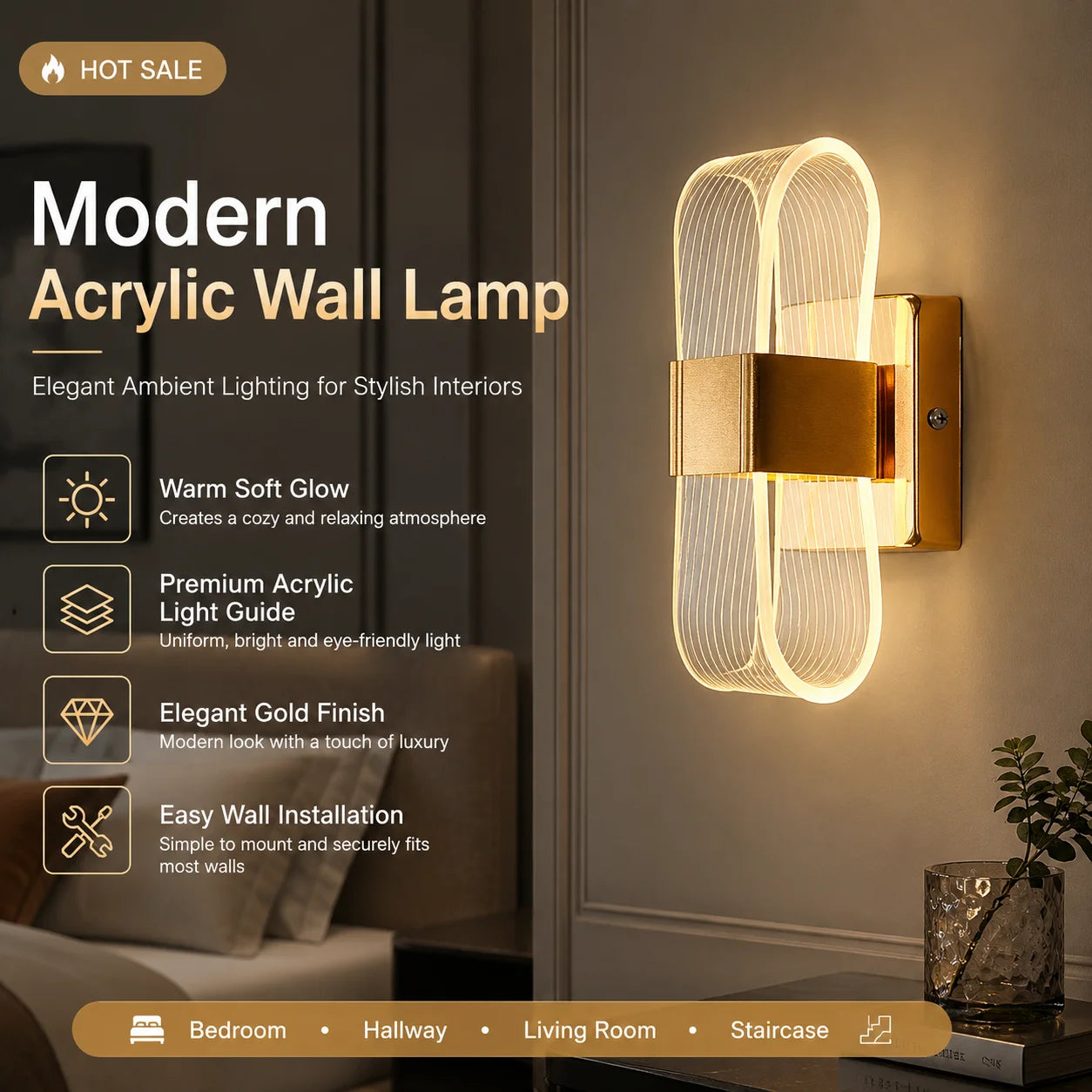 Modern LED Wall Lights with Golden Nordic Style Lighting Fixtures Suitable for Corridors, Dining Rooms, Living Rooms, Bathrooms